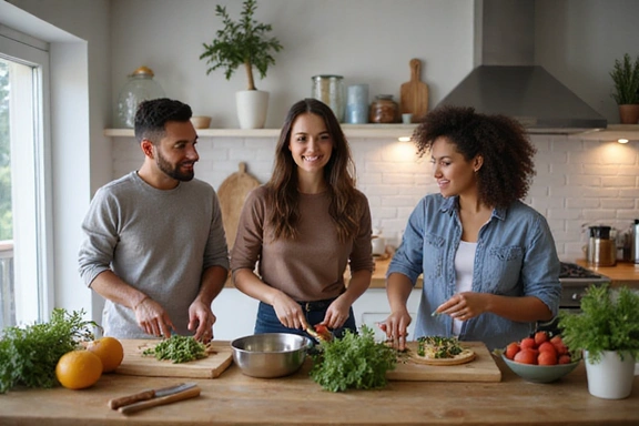Grupa przyjaciół gotujących razem w nowoczesnej kuchni, symbolizująca zdrowe przepisy i wspólne posiłki.