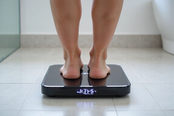 Osoba ważąca się na inteligentnej wadze z wyświetlonymi wynikami analizy składu ciała