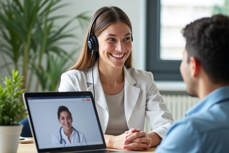 Dietetyk podczas konsultacji online z klientem, używając laptopa i słuchawek.