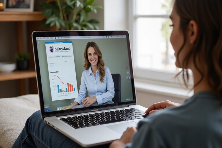A person using a laptop for an online consultation with a dietitian, showing a graph of progress